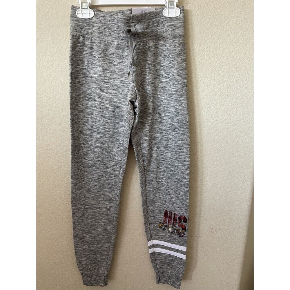 Justice Gray Pink Ombré Sequin Logo Mid Rise Full Length Joggers Pants Size 8